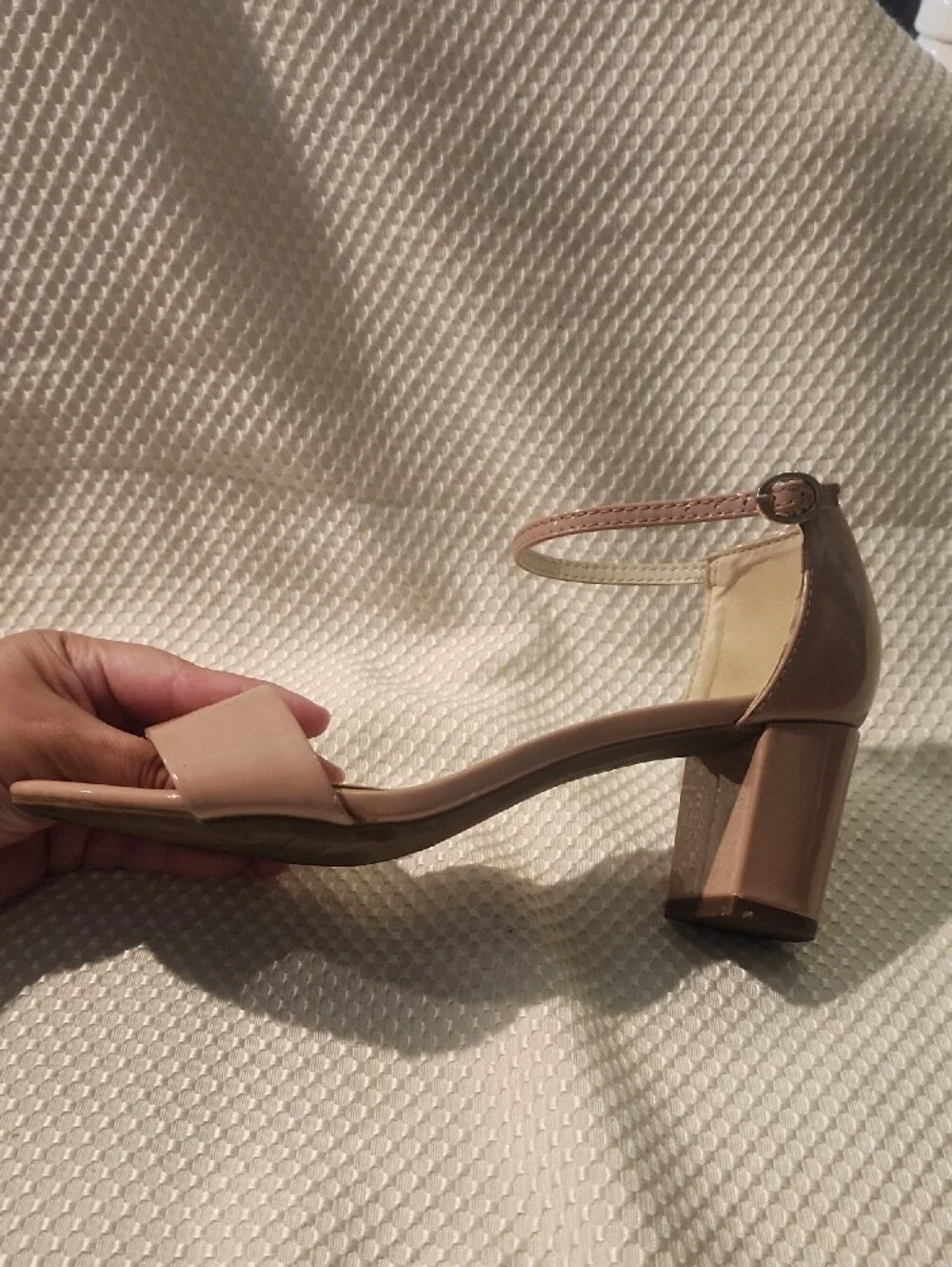 Anne Klein Blush Patent Ankle-Strap Block Heels